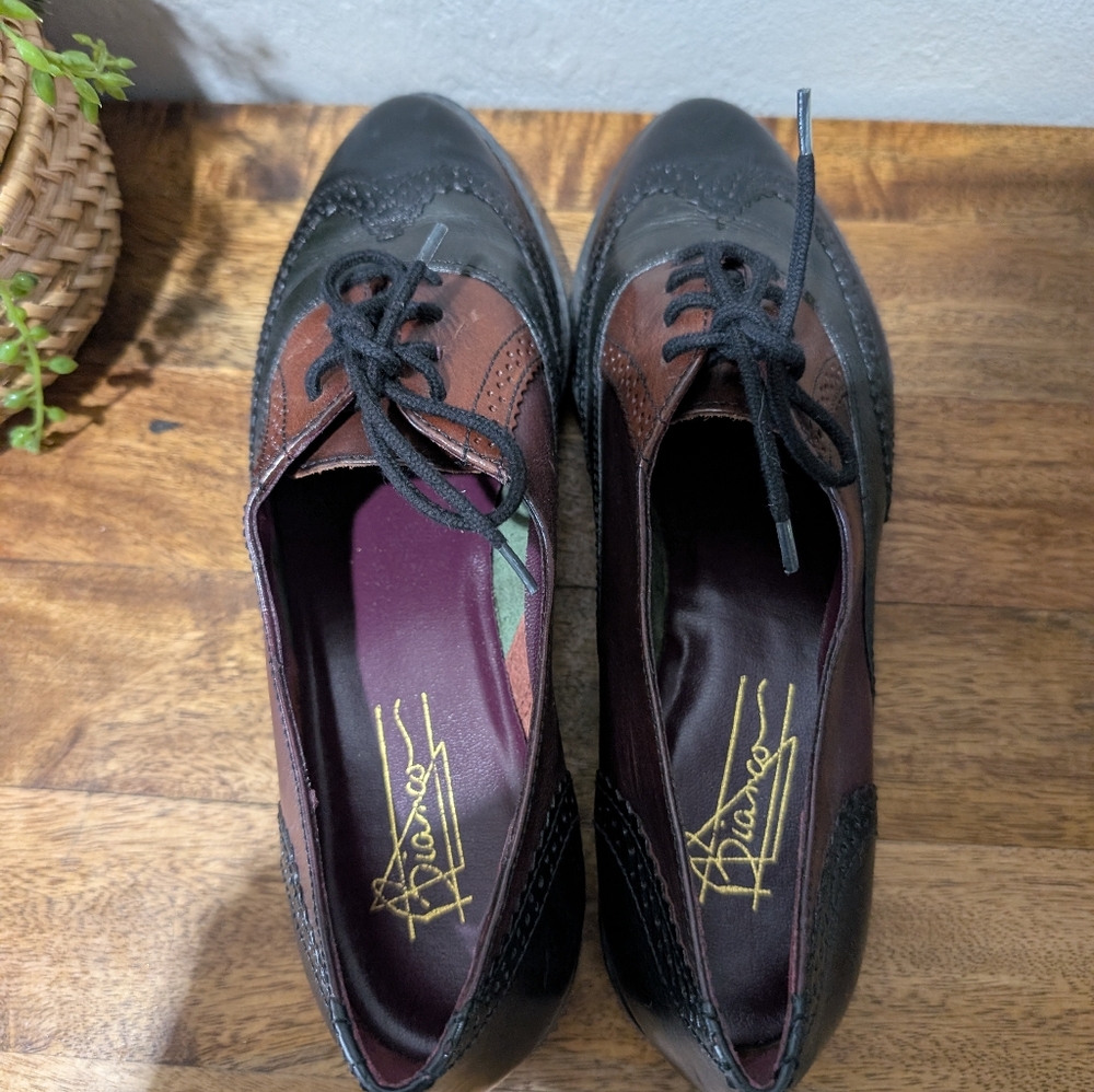 Vintage Bianco Oxford Flats  Style 0267-MARIA, Black/Burgundy Leather Brogue 10m - Picture 3 of 7